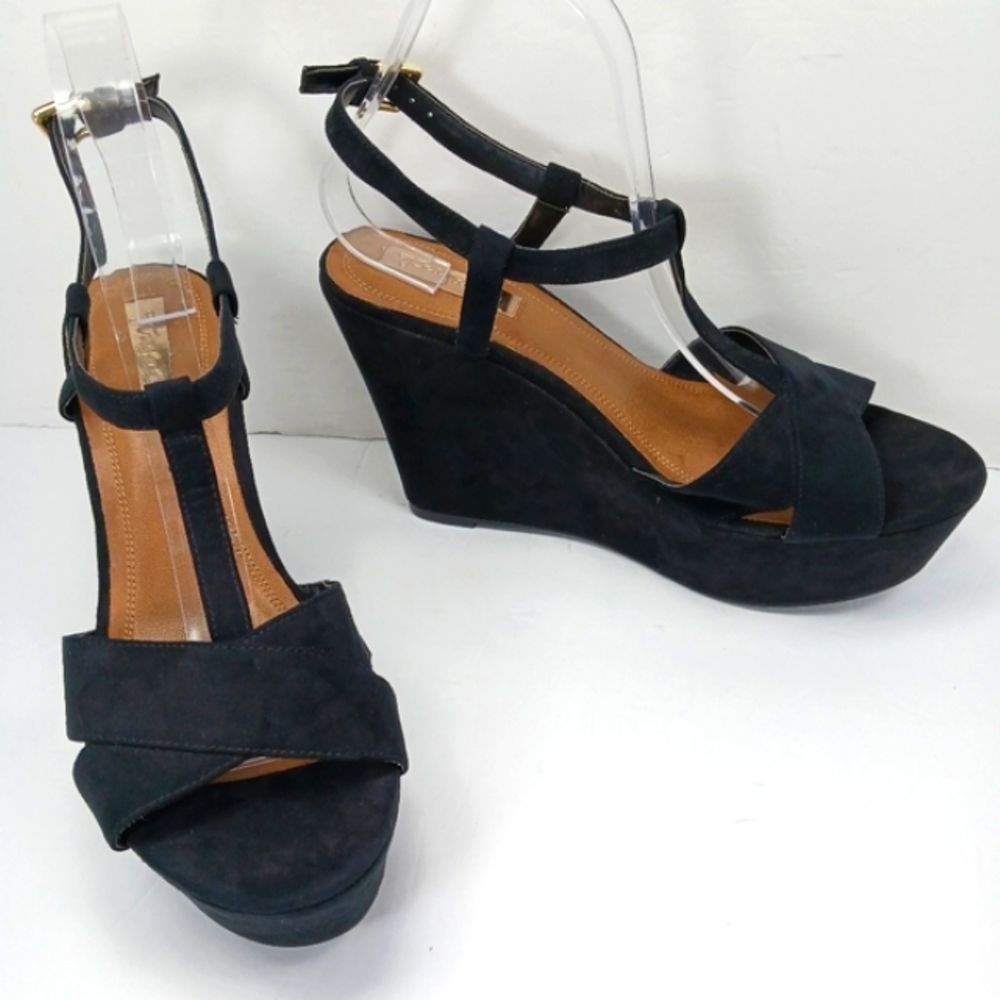 ZARA TRAFALUC Black Vegan Suede Platform Wedge Sandals Ankle Strap Like …